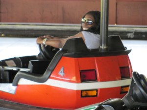 Nana Gyyesi riding the "Bear Valley Bumper Cars"