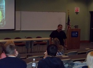 Telling a story about one of the colleges he visited.